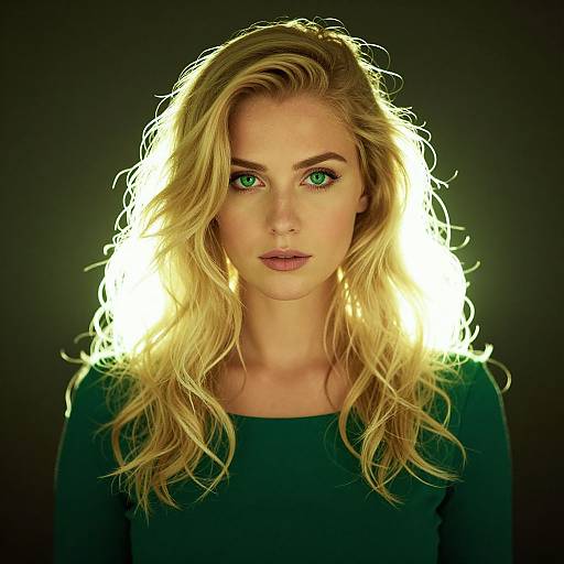 Portrait of Blonde Woman with Green Eyes and Backlit Glow