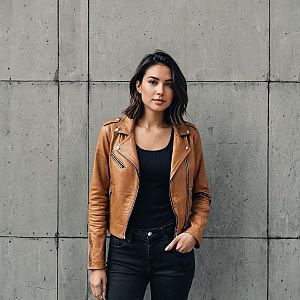 Confident Woman Wearing Brown Leather Jacket Against Concrete Wall