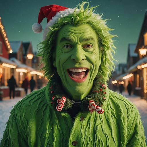 Realistic Grinch Man in Santa Hat Smiling in Festive Winter Village