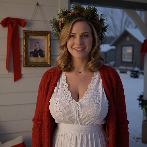 Smiling Woman in White Dress and Red Cardigan with Holiday Wreath Crown