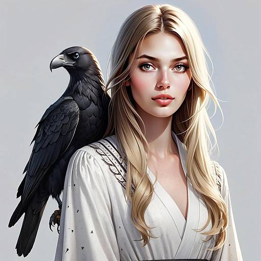 Blonde Woman With Black Eagle Digital Portrait