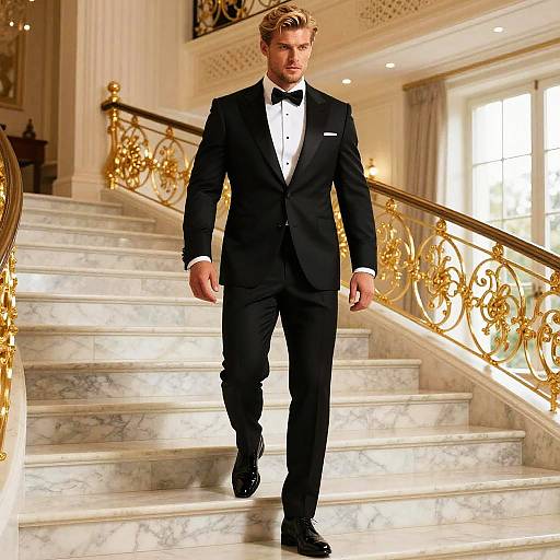 Elegant Man in Black Tuxedo Descending Marble Staircase with Gold Railing