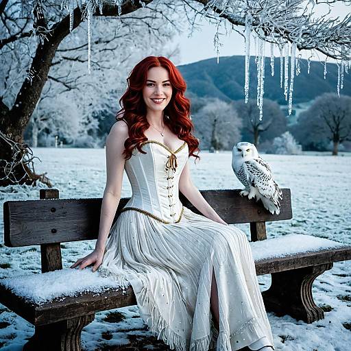 Red-Haired Woman in White Vintage Dress with Snowy Owl on Bench in Winter Landscape