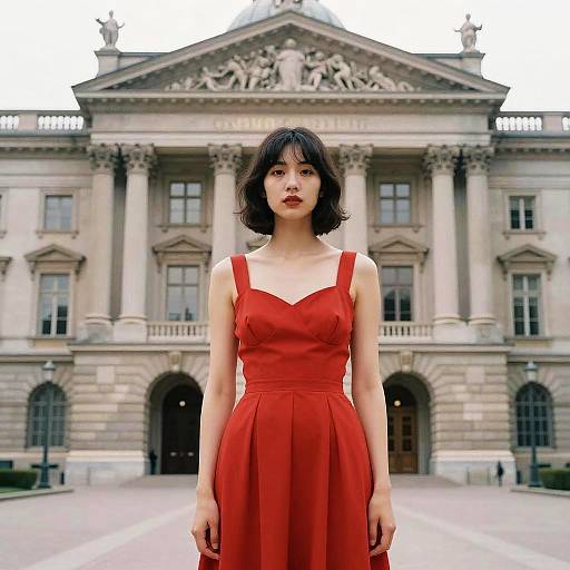 Young Woman in Red Dress Posing Before Grand Neoclassical Building