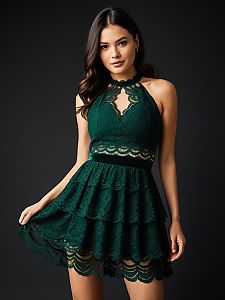 Woman in Sophisticated Forest Green Lace Halter Cocktail Dress