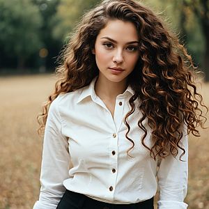 Portrait of Young Woman with Curly Hair in White Shirt Outdoors