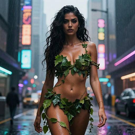 Gen Z Woman Wearing Leaf Outfit Walking at Night in Rainy City
