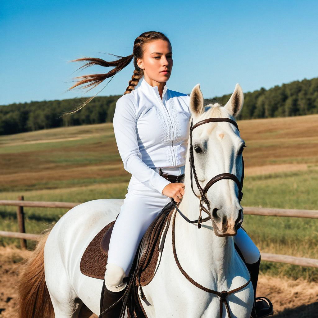 Woman in White Equestrian Attire Riding a White Horse
