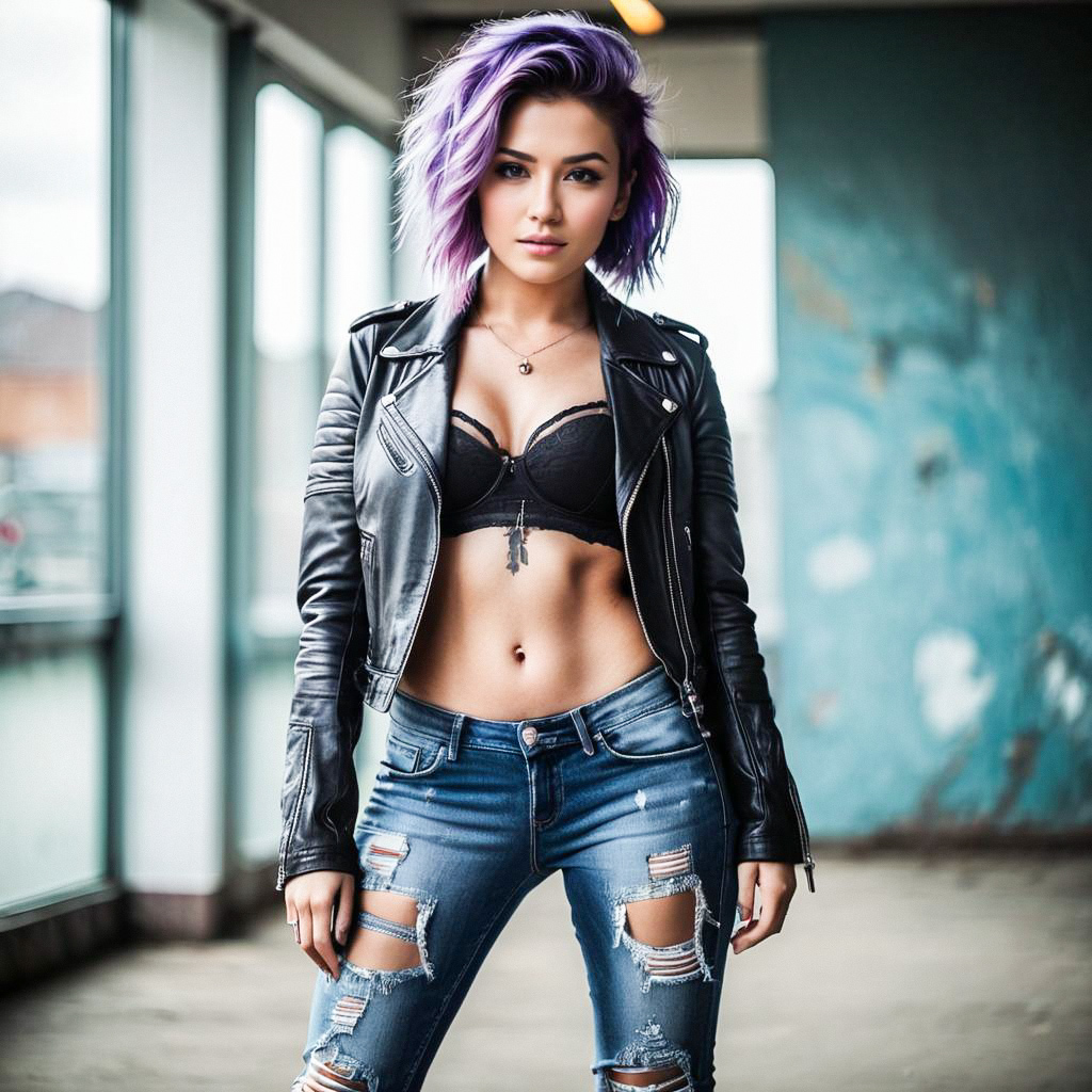 Confident Woman with Purple Hair in Edgy Fashion
