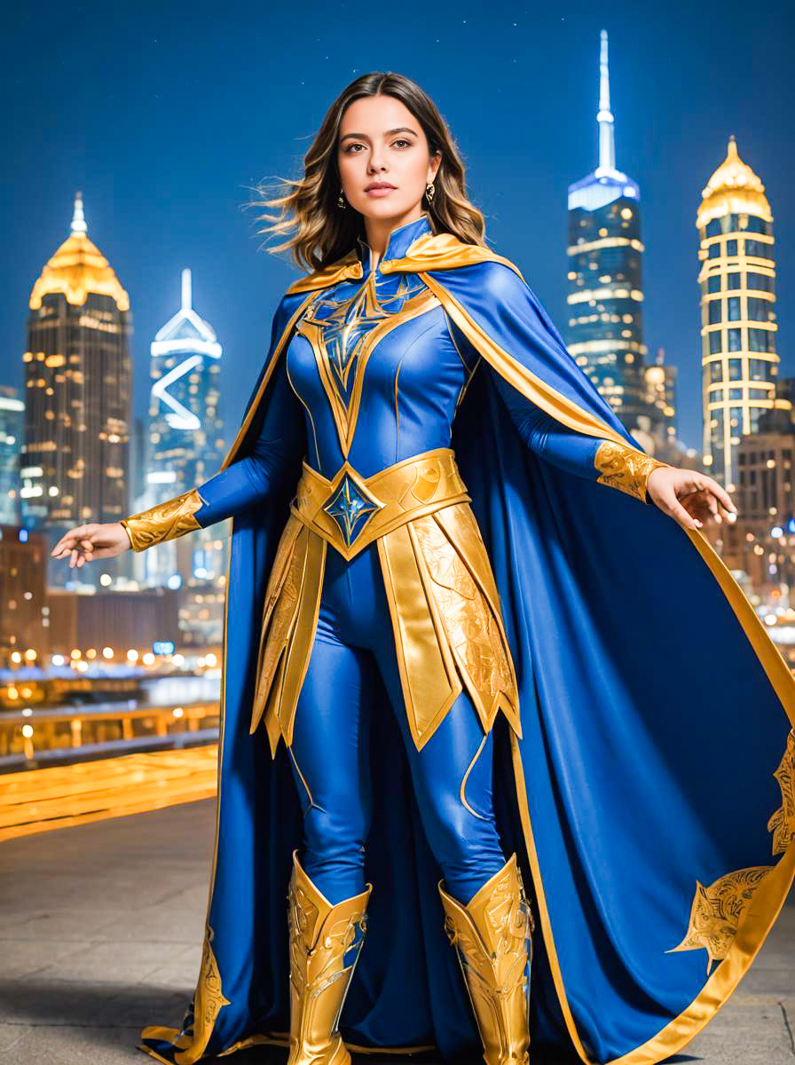 Woman in Blue and Gold Superhero Costume with City Skyline