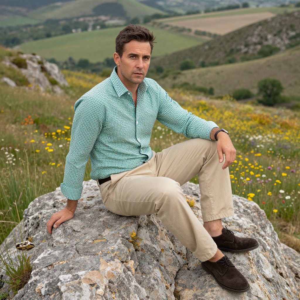 Man Sitting on Rock in Wildflower Meadow Landscape