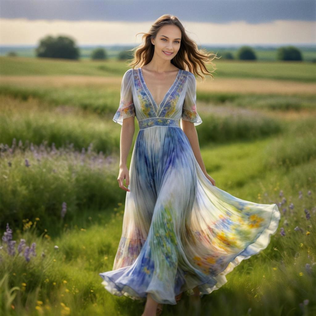 Woman Dancing in Multicolored Dress in Wildflower Field