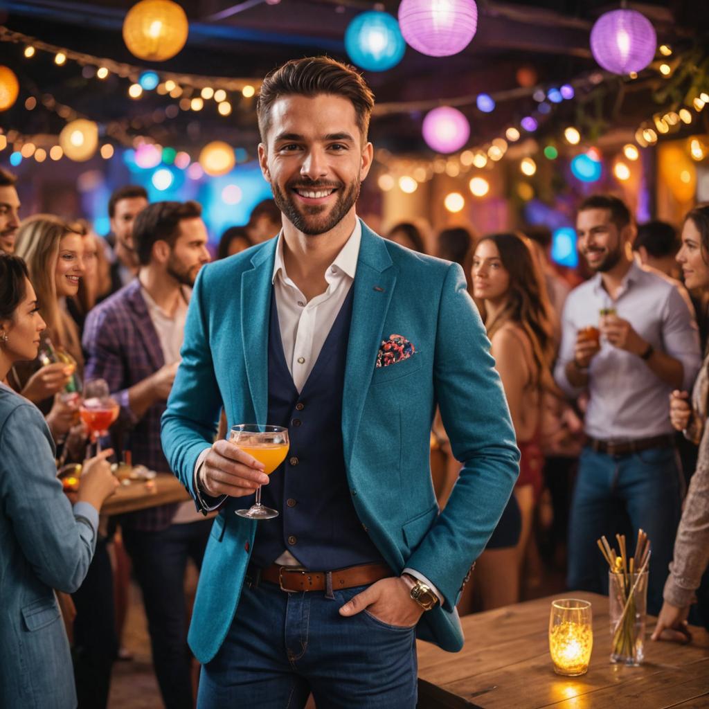 Stylish Man with Drink at Lively Party