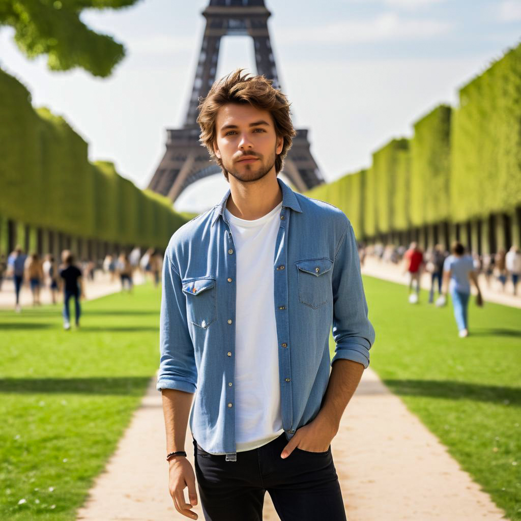 Young Man in Tuileries Gardens with Eiffel Tower