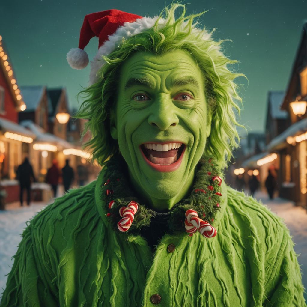 Realistic Grinch Man in Santa Hat Smiling in Festive Winter Village