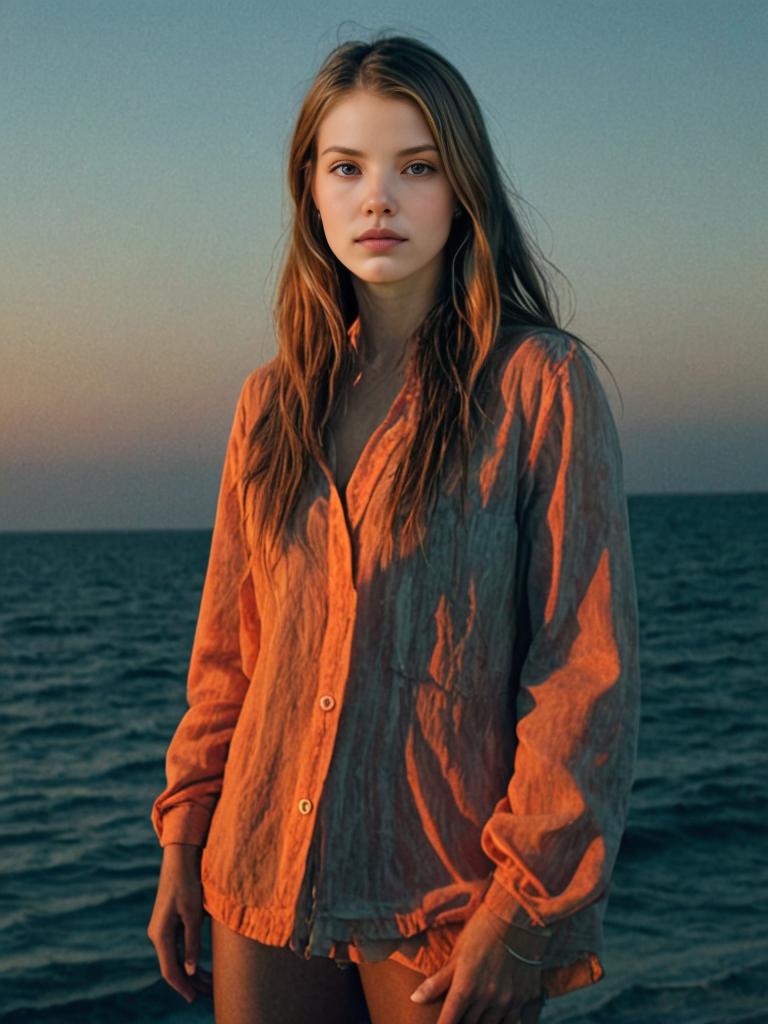 Woman in Orange Blouse by Sea at Sunset