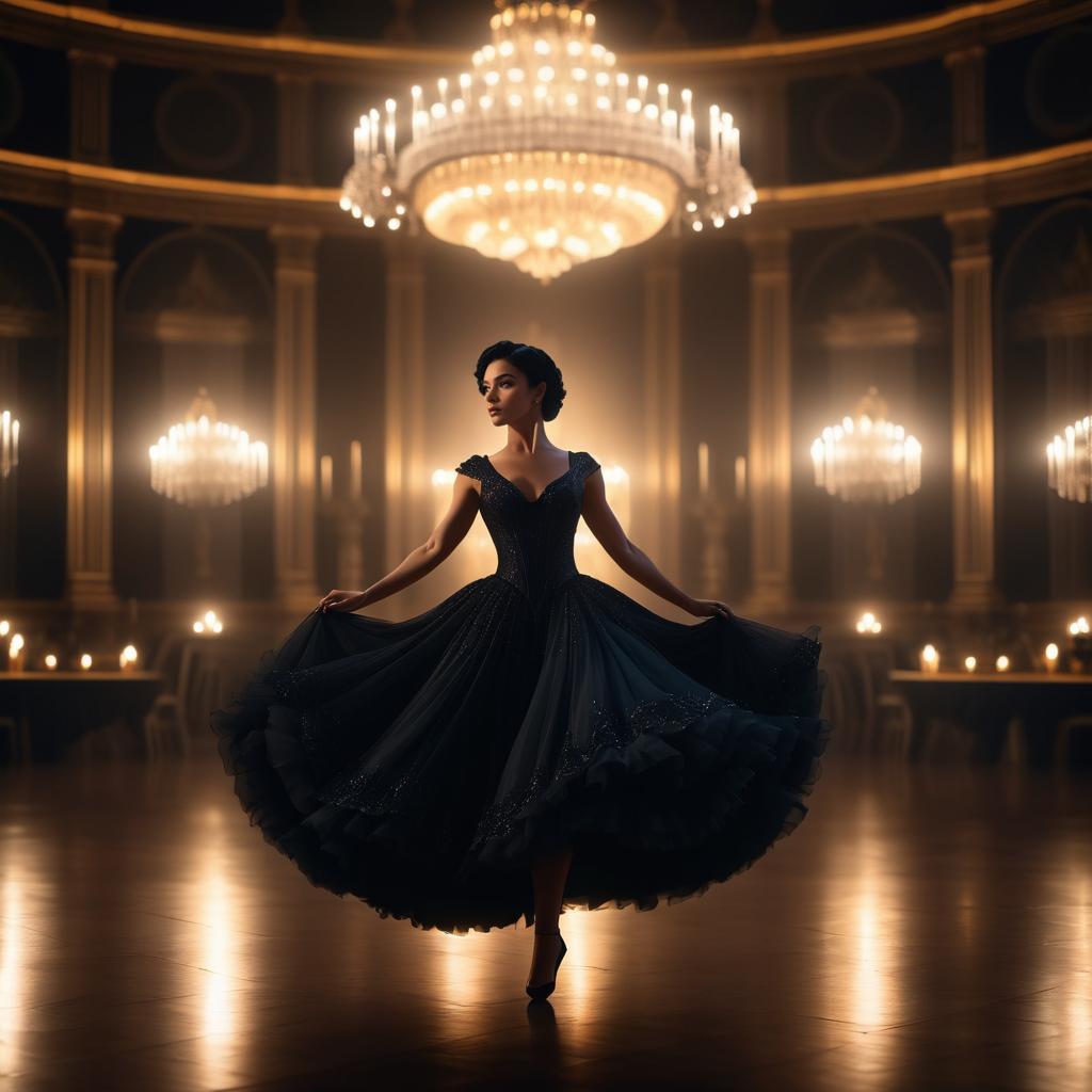 Elegant Woman in Black Dress Twirling Under Chandeliers