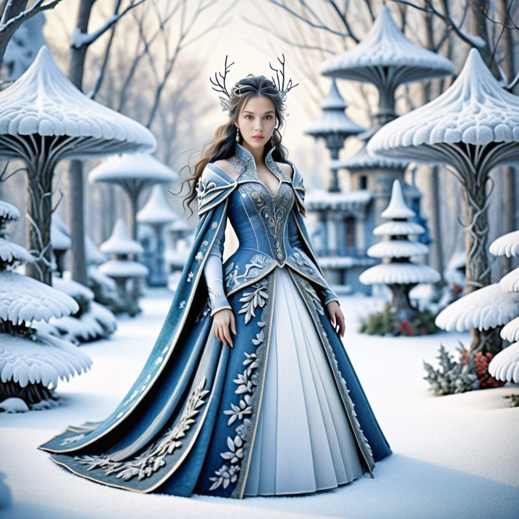 Elegant Woman in Blue Gown in Winter Wonderland