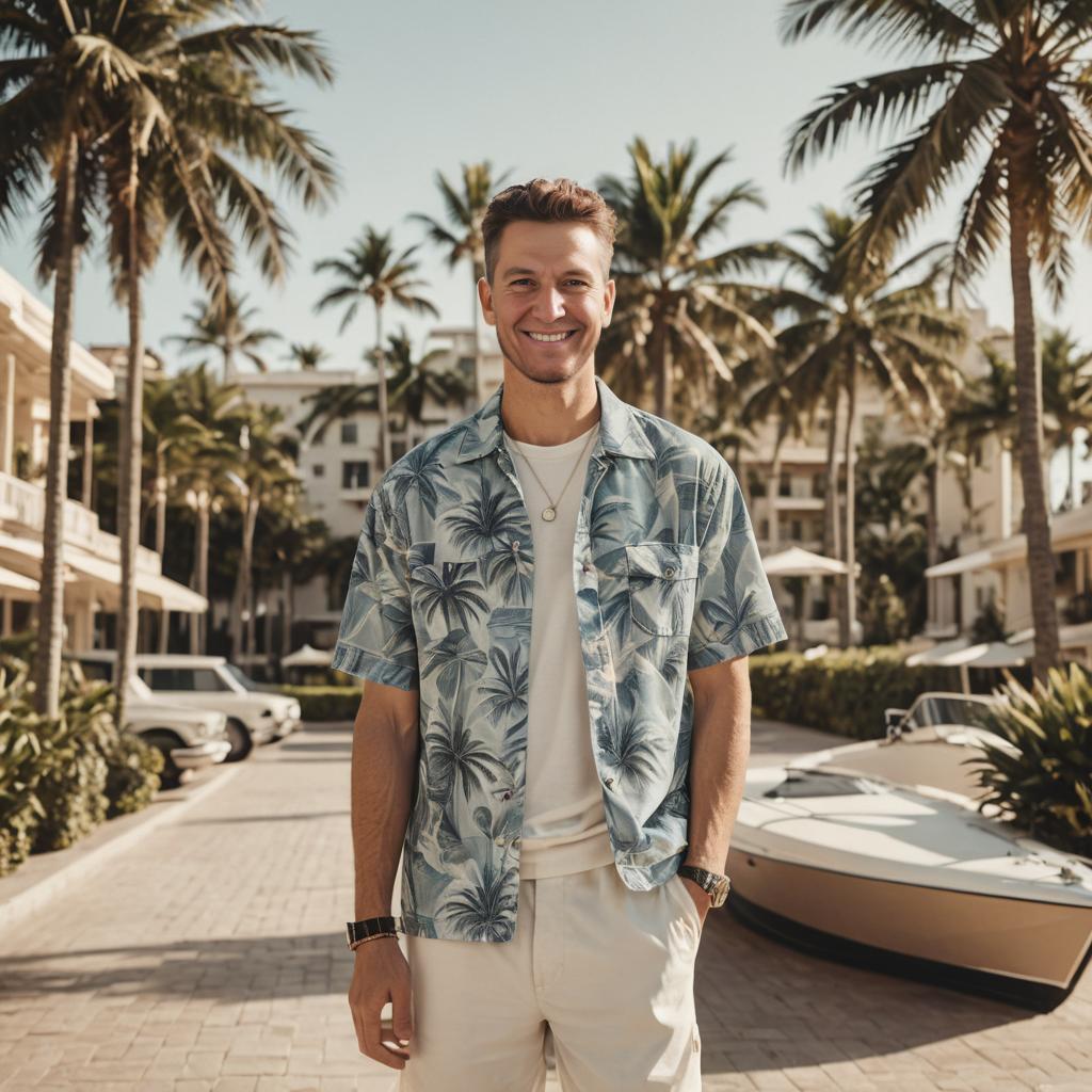 Smiling man in tropical shirt with palms and boat