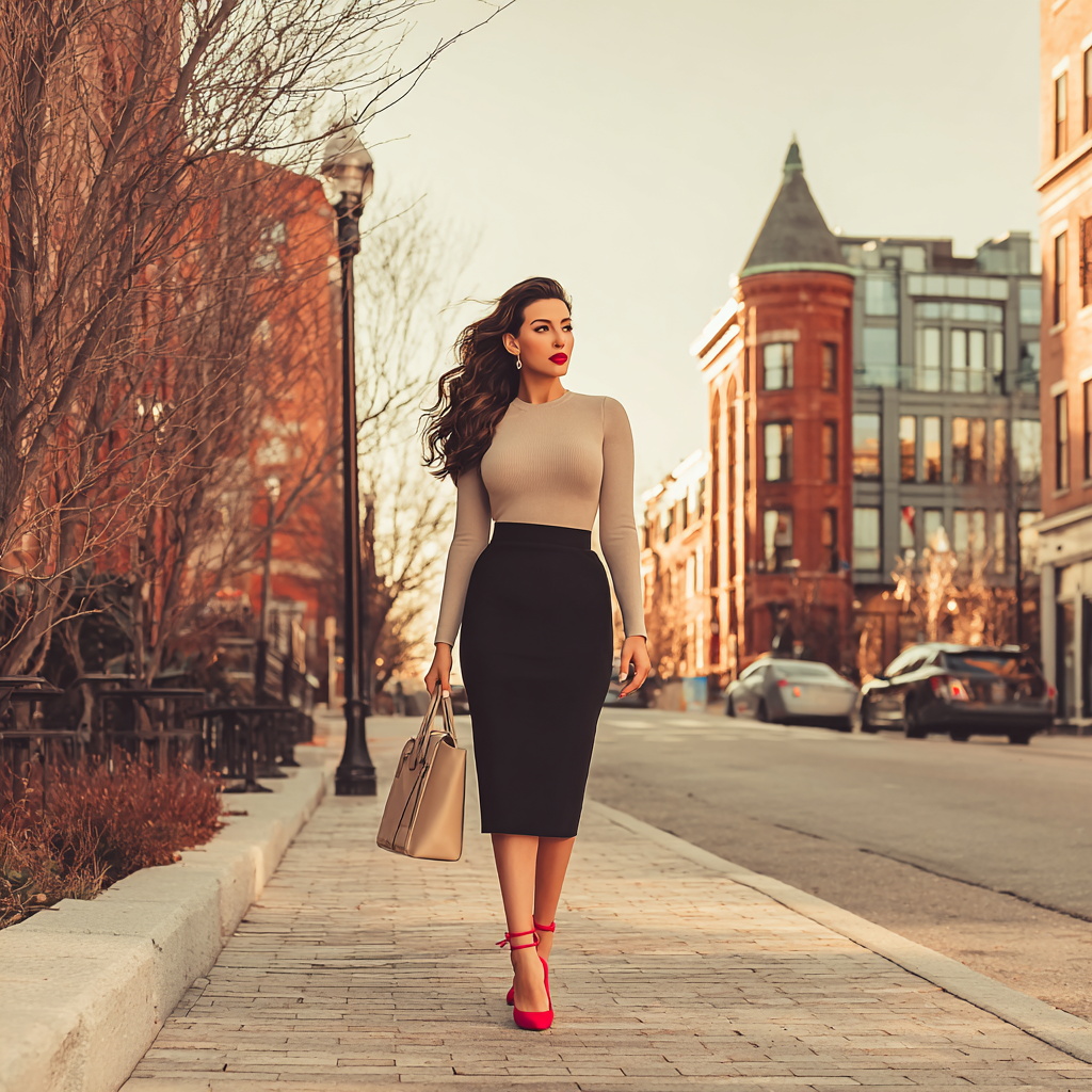 Fashionable Woman in Chic Outfit on City Sidewalk Fashionable Woman in Chic Outfit on City Sidewalk