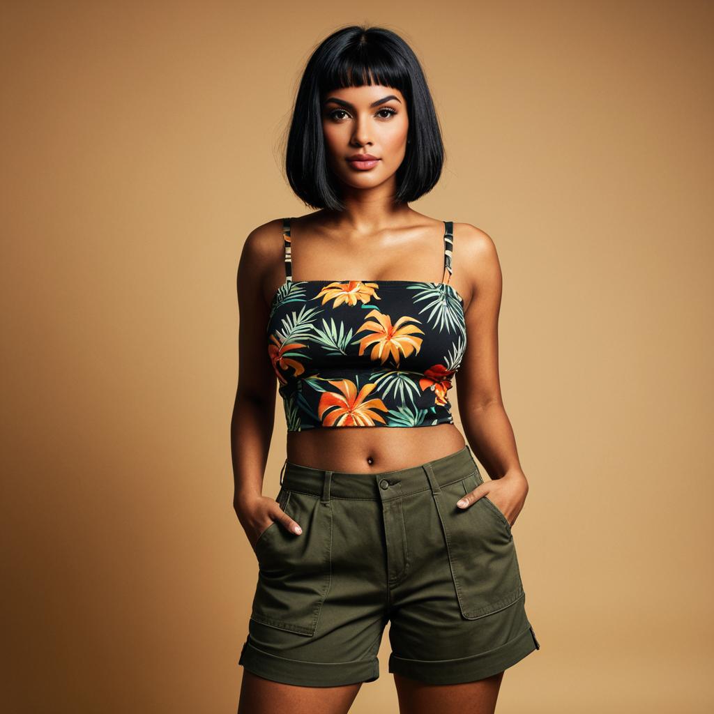 Confident Woman in Tropical Print Crop Top and Olive Green Shorts