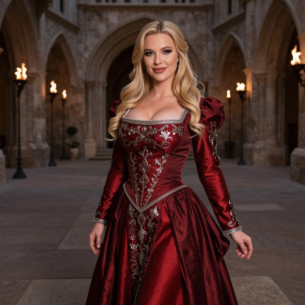 Woman in Red Renaissance Gown in Historic Stone Corridor