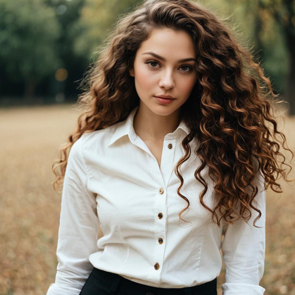Portrait of Young Woman with Curly Hair in White Shirt Outdoors