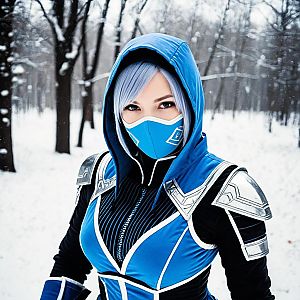 Woman in Blue Cyber Warrior Costume with Armor in Snowy Forest