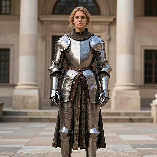 Woman in Full Medieval Armor Standing in Front of Classical Building