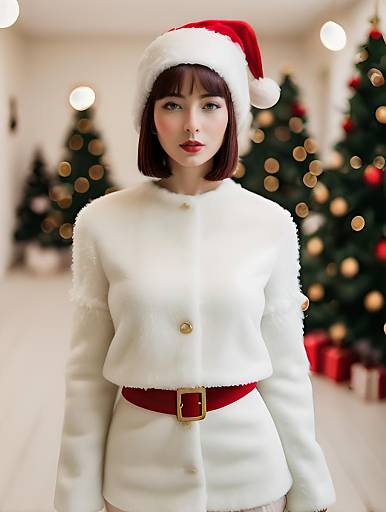 Elegant Woman in White Fur Coat and Santa Hat Posing by Christmas Trees
