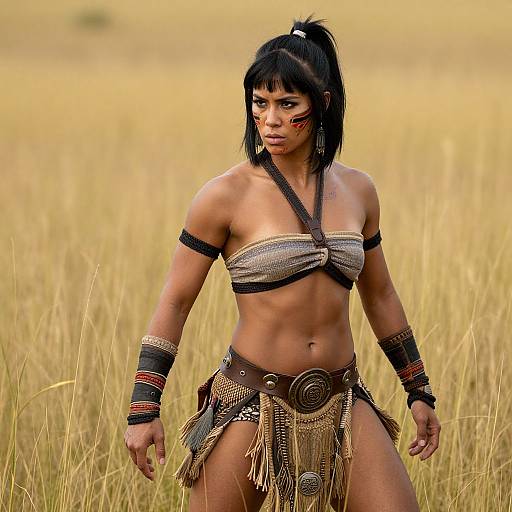 Tribal Warrior Woman in Grassland with Traditional Face Paint and Costume