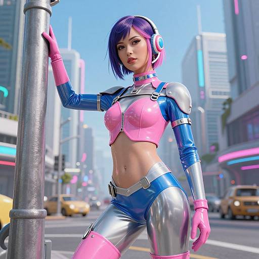 Futuristic Woman in Cyberpunk Outfit with Neon City Background