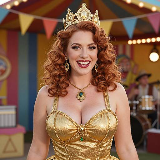 Red Haired Woman in Gold Crown and Dress at Carnival