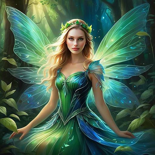Enchanting Fantasy Fairy Woman with Glowing Wings in Mystical Forest