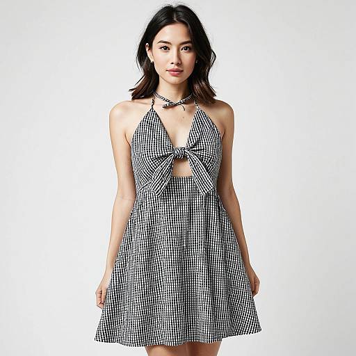 Woman Wearing Modern Casual Black and White Gingham A-Line Mini Dress
