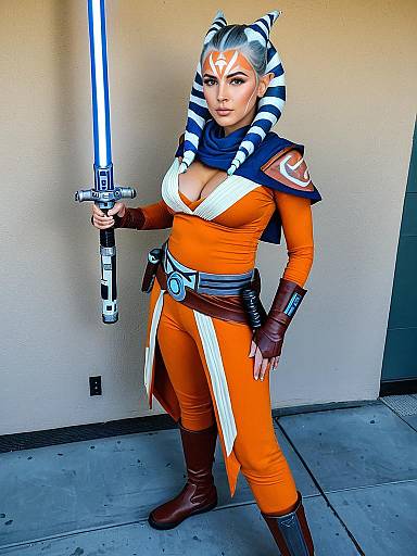 Realistic Ahsoka Tano Cosplay Woman with Lightsaber
