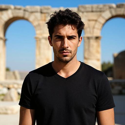 Young Man Standing in Front of Ancient Stone Arches Outdoors