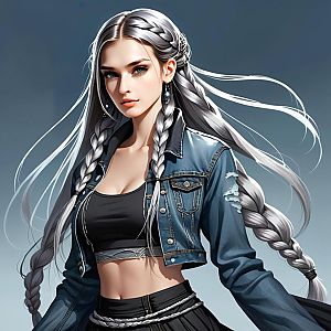 Young Woman with Silver Braided Hair in Denim Jacket