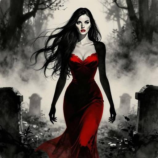 Gothic Woman in Red Dress Walking Through Foggy Graveyard