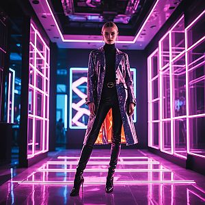 Confident Woman in Futuristic Corridor with Neon Lights