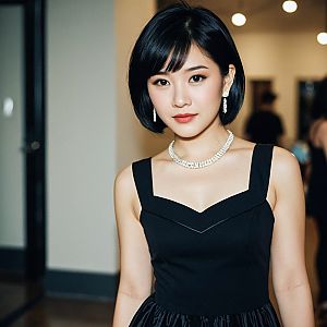 Elegant Young Woman in Black Dress with Diamond Jewelry
