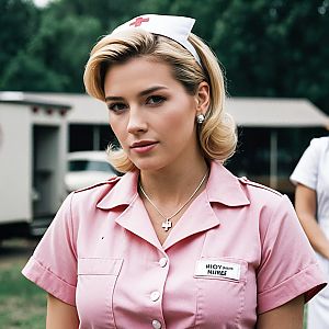 Blonde Woman in Vintage Pink Nurse Uniform