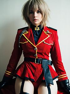 Seras Victoria Woman Cosplay in Red Military Costume Realistic Photo