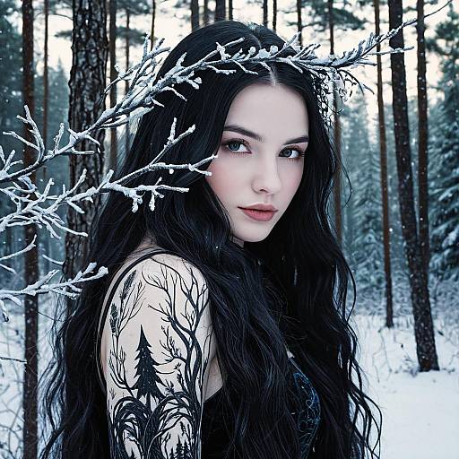 Winter Forest Woman with Nature Tattoo and Frosted Branch Headpiece