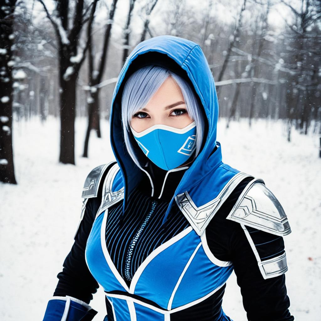 Woman in Blue Cyber Warrior Costume with Armor in Snowy Forest
