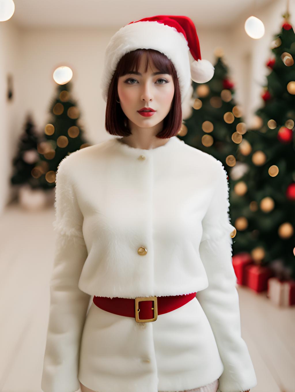 Elegant Woman in White Fur Coat and Santa Hat Posing by Christmas Trees