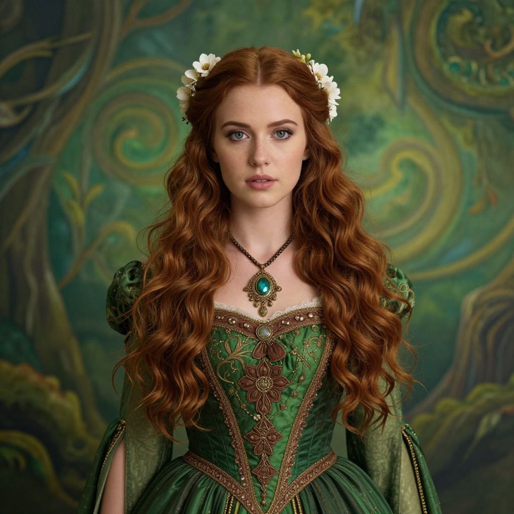 Elegant Woman in Green Renaissance Dress with Red Hair and Floral Accents