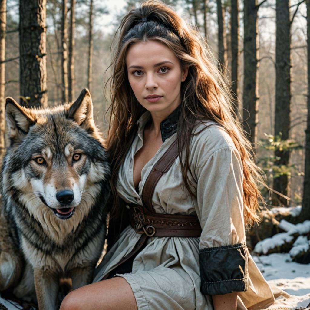 Woman with Wolf in Forest