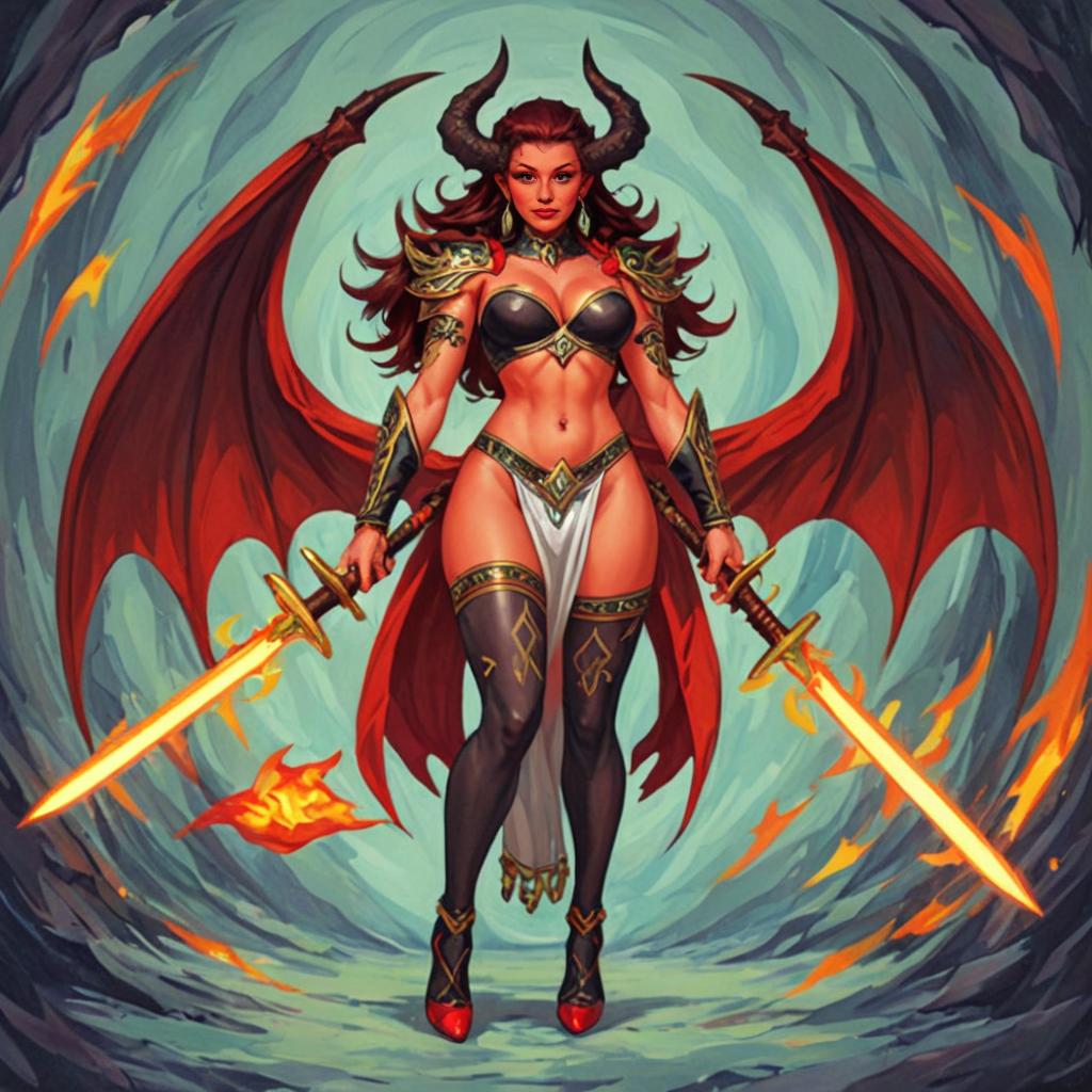 Powerful Female Demon with Flaming Swords