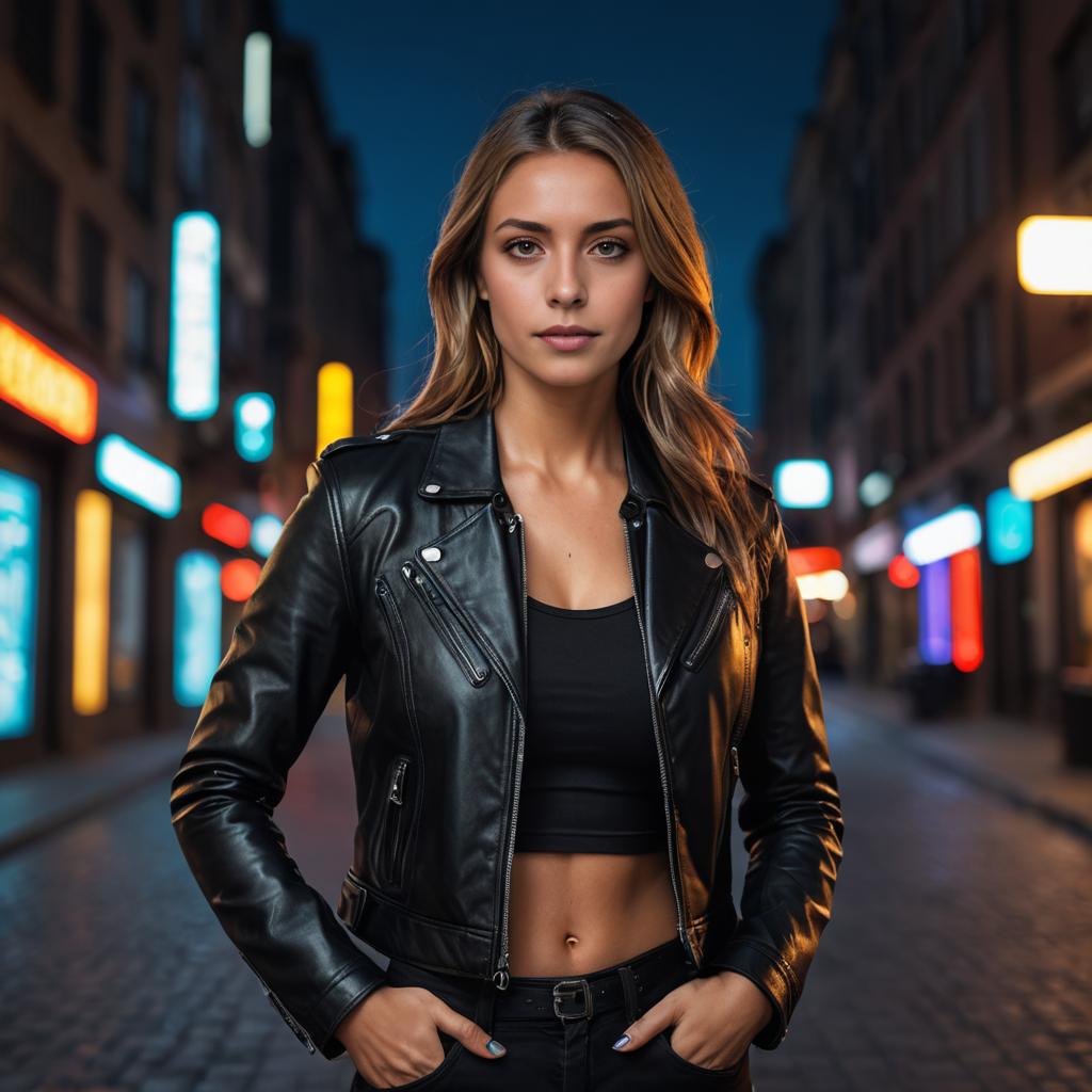 Confident Woman in Black Leather Jacket with Toned Abs